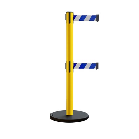 Retractable Belt Dbl Rolling Stanchion, 2.5ft Yellow Post  9ft. Blu/Wh